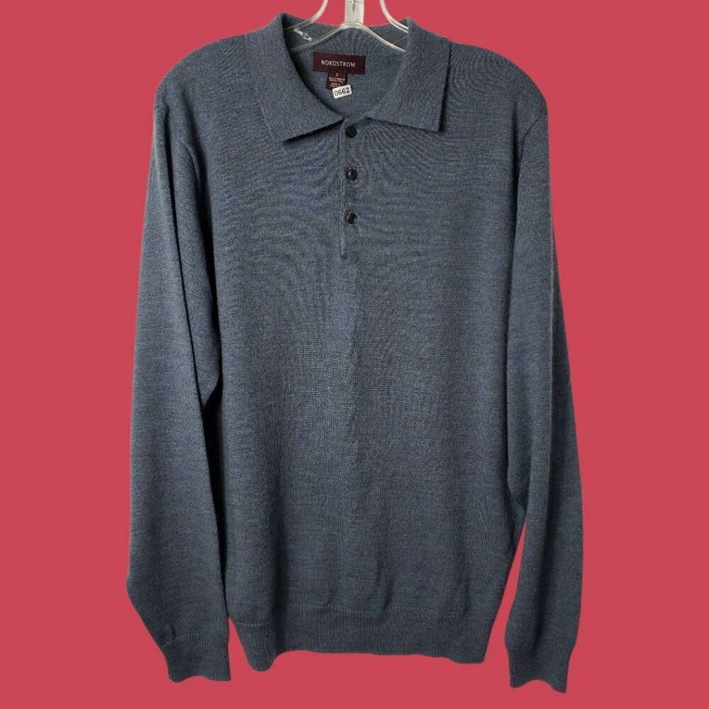 Nordstrom Mens  Long Sleeve Polo Sweater 100% Merino Wool Lightweight Soft Gra